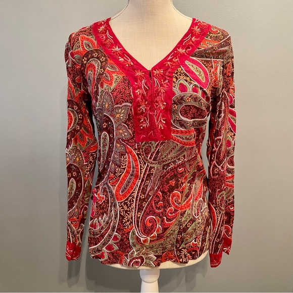 ALC Argyle Paisley Print 100% Rayon Bead Sequin V Neck Long Sleeve Blouse Small - Picture 1 of 14